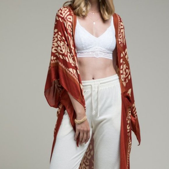 🚨 1 LEFT! VENITIA Rust Damask Boho Pom Pom Kimono - Picture 5 of 7
